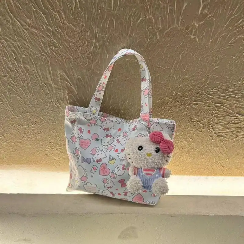 Kawaii Hello Kitty Canvas Bag Anime Cartoon Print Handbag Large Capacity Fashion Versatile Cute Exquisite Girl Square Meal Bag