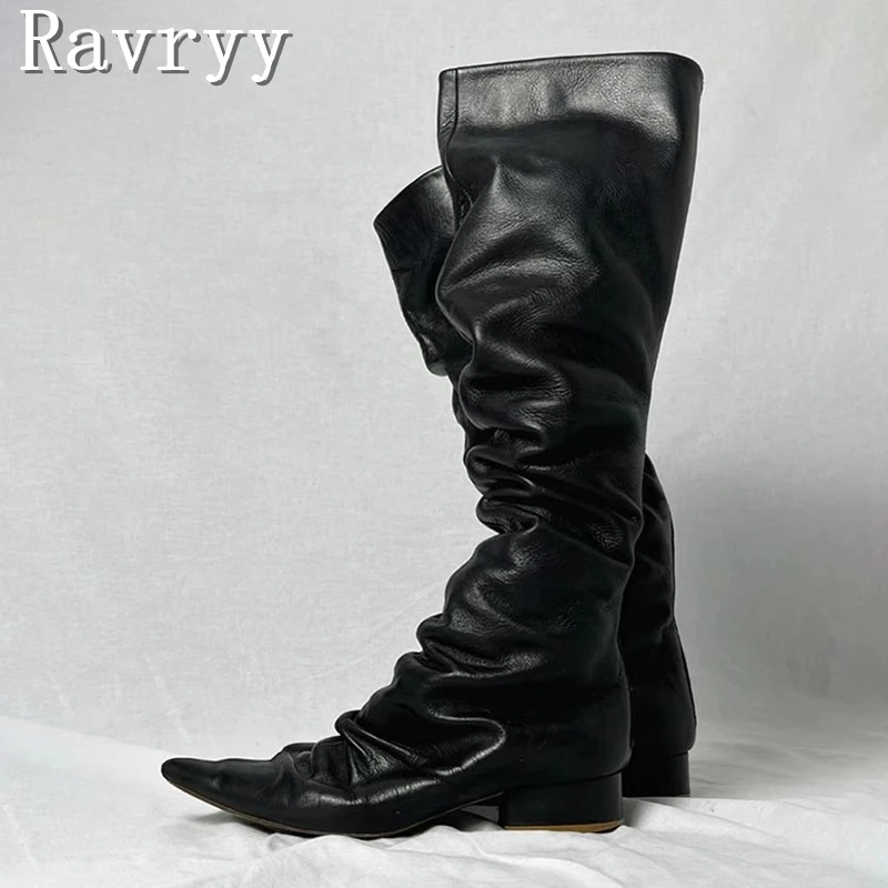 Retro Black Leather Pleated Long Boots for Women Pointed Toe Back Zipper Low Heels Knee High Knight Boots