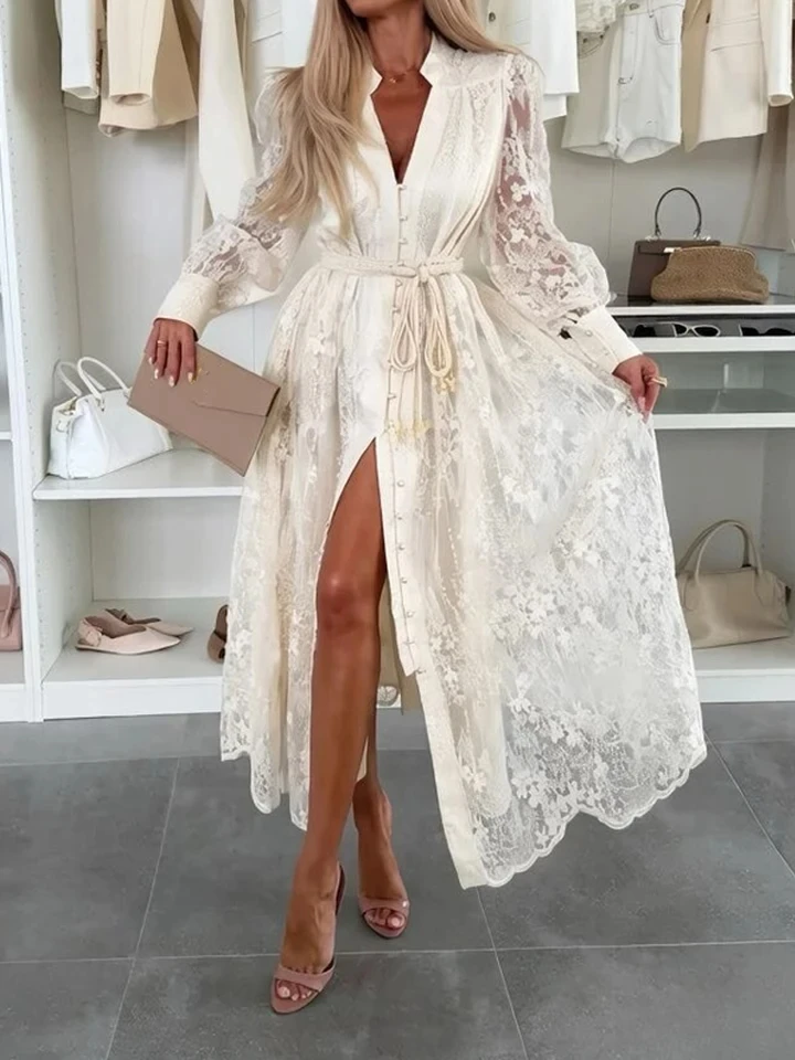

Elegant Lady High Waist Pleated Party Dress Spring Summer New Button Party Dresses Fashion Lace Embroidery Lace Up Evening Dress