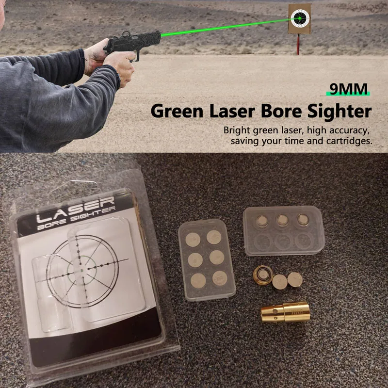 

9mm Green Laser Sighter Boresighter Sturdy Brass Sighting with 12 Batteries For Outdoor Fast Zeroing