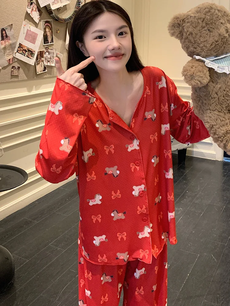 Novo 2026 Pijama Feminino de Manga Comprida com Calças, Estampa de Bolinhas, Ano do Zodíaco Vermelho, Primavera Outono, Algod...