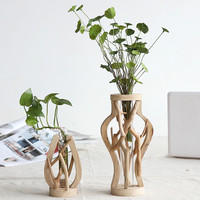 1 Set Pure Handwork Wooden Vase Decorated Solid Wood Flower Pot for Glass Floral Hydroponic Container Home Decorative