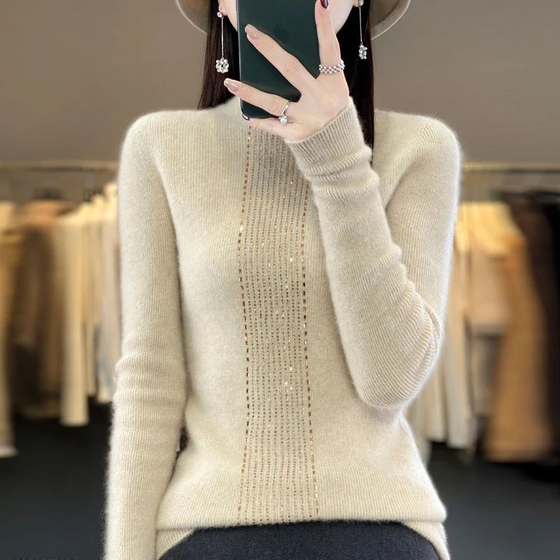 Spring and Autumn New 100% Wool Sweater Women\'s Knitted Half High Collar Hoodie Slim Fit Fashion First Line Hot Stamped Tops