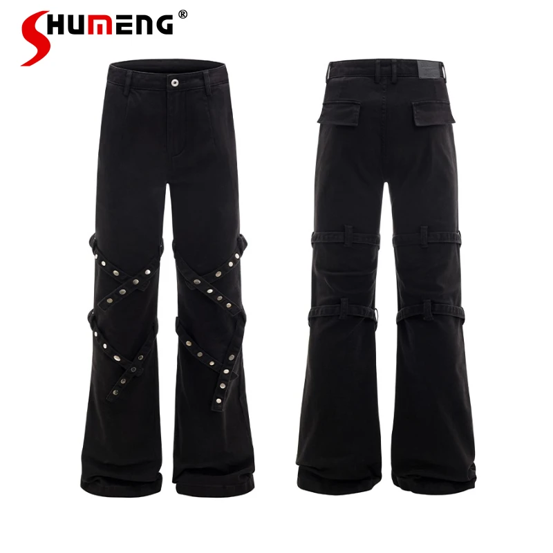 

American Style Retro Rivet Jeans Men Women 2025 Four Seasons Wear New Trend High Street Loose Straight Chic Wide-Leg Denim Pants