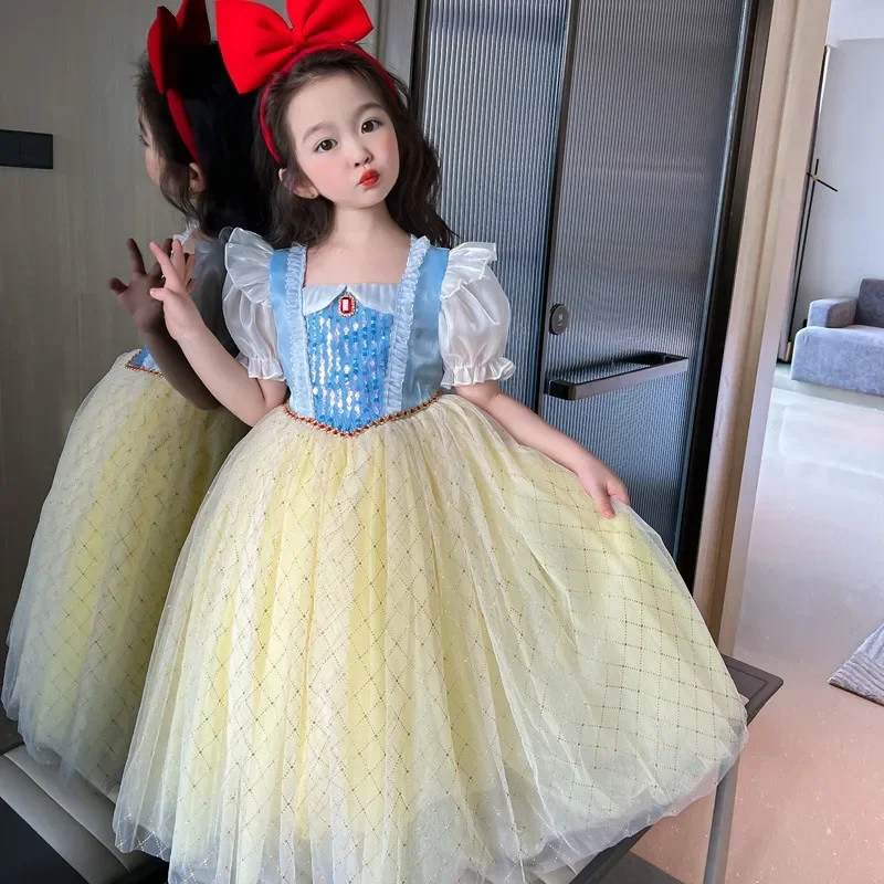 

New Summer Baby Girls Princess Party Dress with Headwear for Young Children Short Puff Sleeves Role Play Dresses K0777