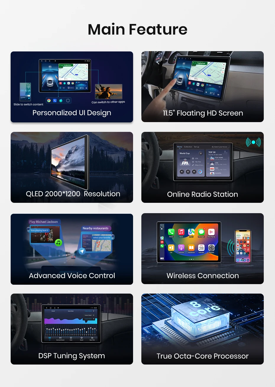 Junsun 11,5 Zoll QLED Touchscreen Universal-Autoradio, kabellos, für Apple CarPlay, Android Auto, Stereo-Multimedia-Videoplayer, intelligente Fahrzeugsysteme, 2-DIN-Autoradio, Head Unit, GPS-Navigation, BT, 4G, WLAN, 8-Kern-Prozessor, FM, AM, DSP, RDS, SWC, DAB – Detail 5