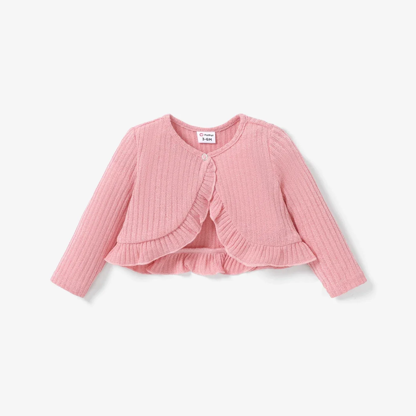 PatPat Baby Girl Solid Rib Knit Ruffle Trim Long-sleeve Cardigan Perfect for Outings and Daily Wear Basic Style