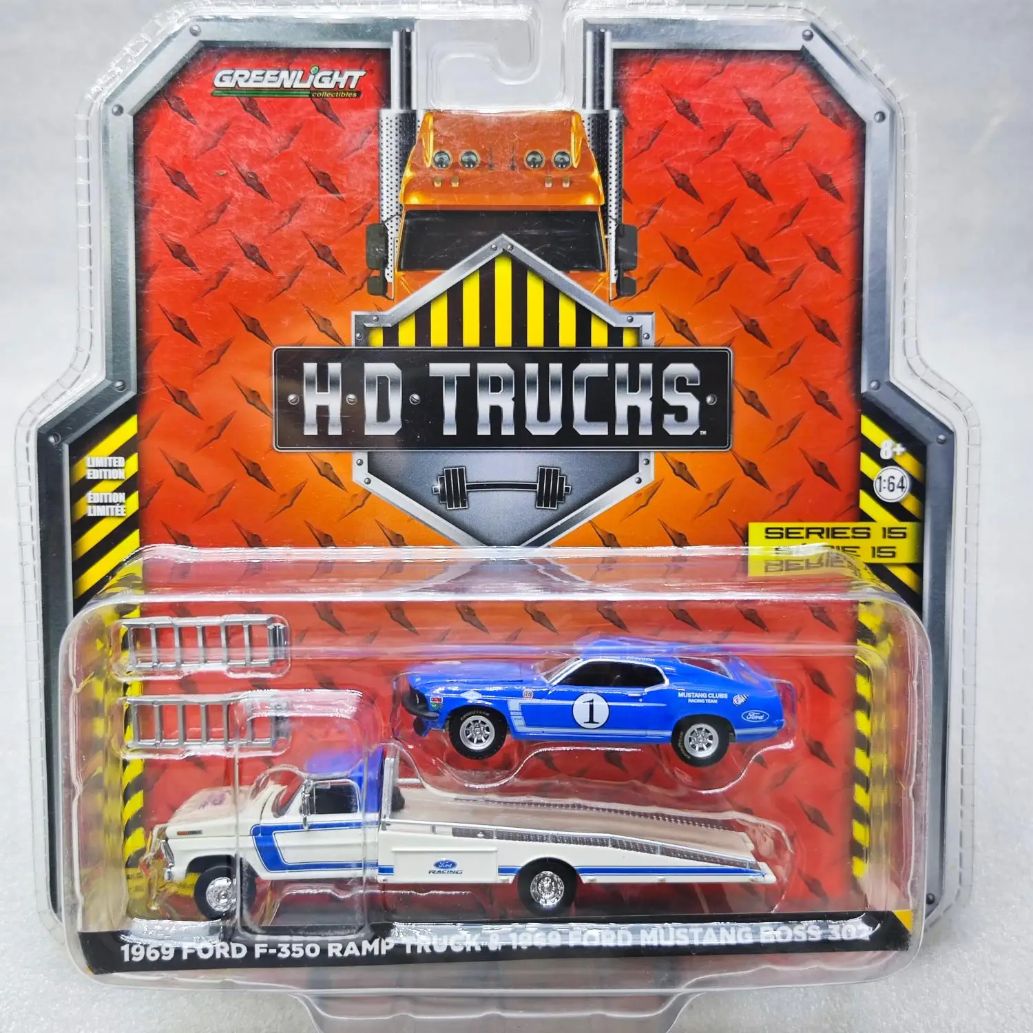 1:64 1969 Ford F-350 RAMP TRUCK & 1969 Ford Mustang BOSS 302 #1 Alloy Car Model Collectible Toy Gift Souvenir Display Ornament