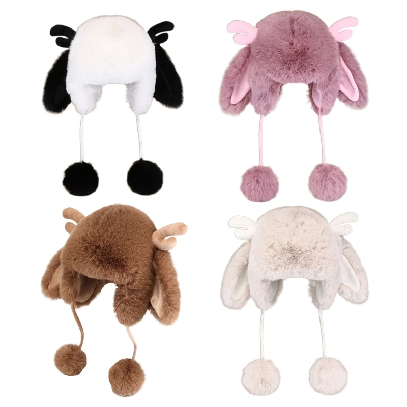 

Cartoon Plush Antler Hat Ear Flap Hat Fun Ear Protective Cold Weather Beanie