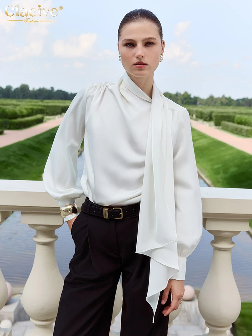 Clacive موضة فضفاضة الأبيض الساتان المرأة قميص 2025 عادية القوس طوق كم طويل قميص أنيق كلاسيكي قمة صلب الملابس النسائية