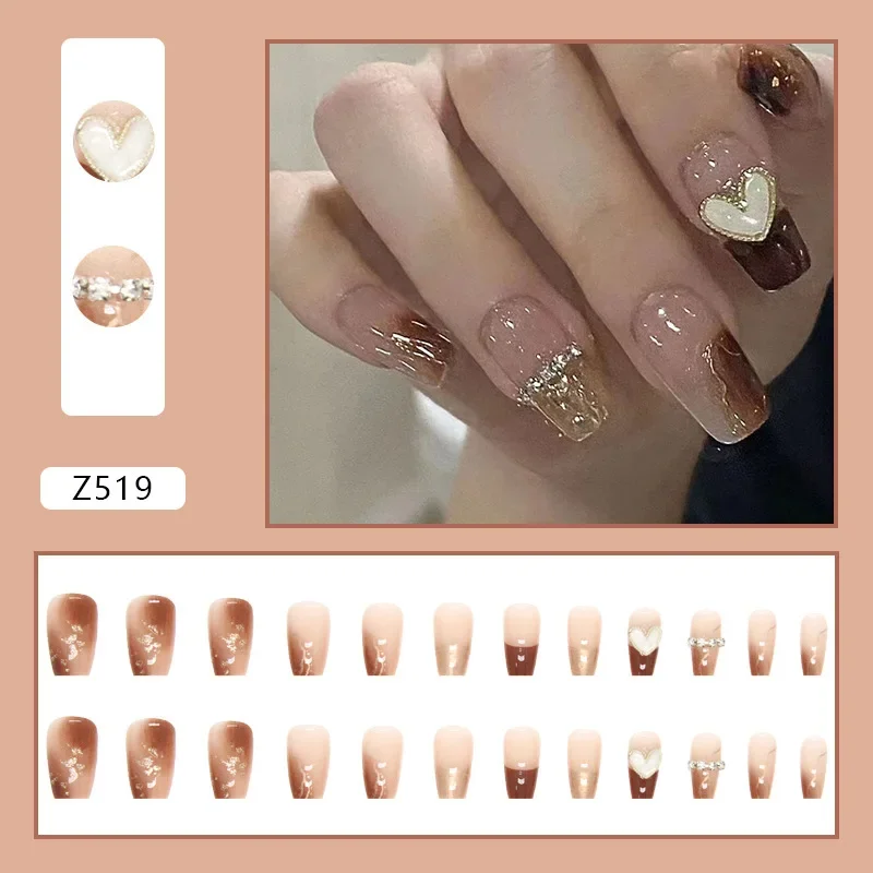 24Pcs mocha brown Fake Nails Art Cool Spice Girls Wearing Sparkling Pearl Removable French Full Cover Detachable False Nails