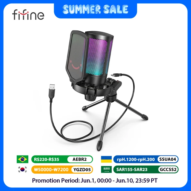 FIFINE USB kondensatorowy mikrofon do gier, do komputera PC PS4 PS5 MAC z filtrem popowy, mocowaniem przeciwwstrząsowym i regulacją wzmocnienia dla podcastów, Ampligame A6V