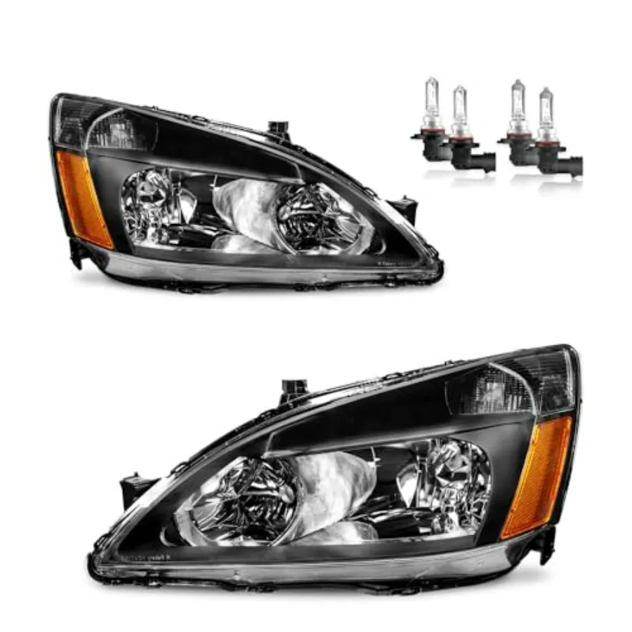 

Комплект фар в сборе с лампами для Honda Accord 2003-2007, оригинальные фары, купе/седан, черный корпус, янтарный отражатель, левая+правая сторона, 2 шт.
