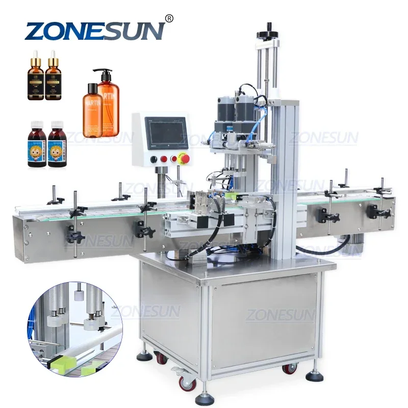 ZONESUN Pneumatic Lug Screw Capper Automatic Small Glass Beverage Bottle Shampoo Sprays Round Bottle Capping Machines