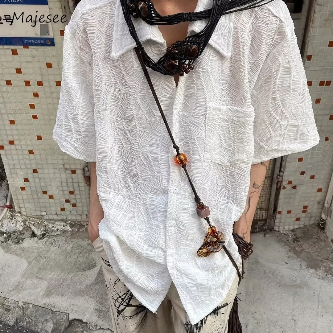 

Shirts Men Summer Loose Designed Japanese Harajuku Tops Teens Handsome All-match High Street Jacquard Vintage Couples Hipster