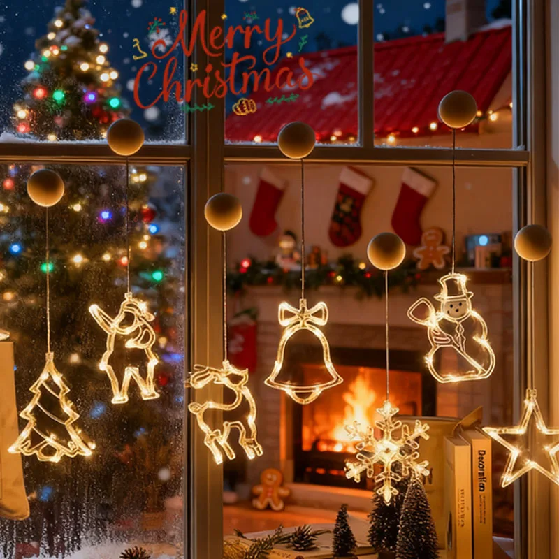 LED Christmas Lights with Snowman Tree Bell and Star Suction Cup Window String Lights for Festival Decor