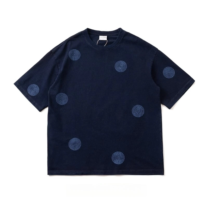 

Vintage Indigo Washed Embroidery Loose Crew Neck Casual Short Sleeve T-Shirt