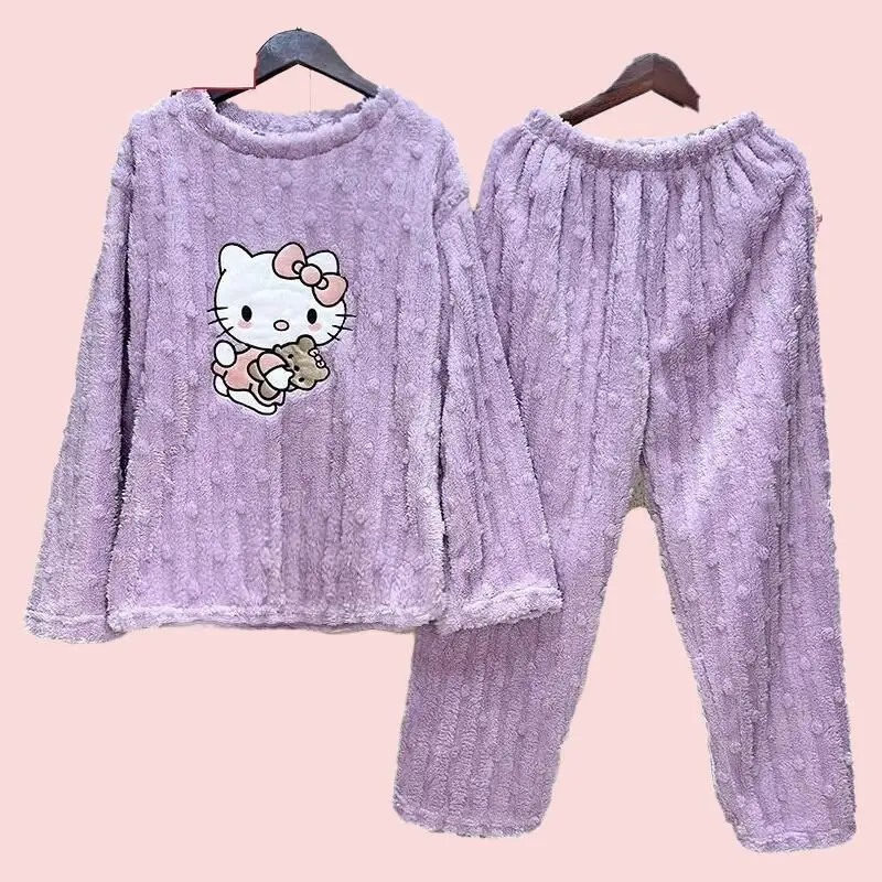 Hello Kitty corail polaire en peluche pyjamas ensemble mignon femmes automne hiver Pijama épaissi flanelle maison fourrure ensemble étudiant chemise de nuit