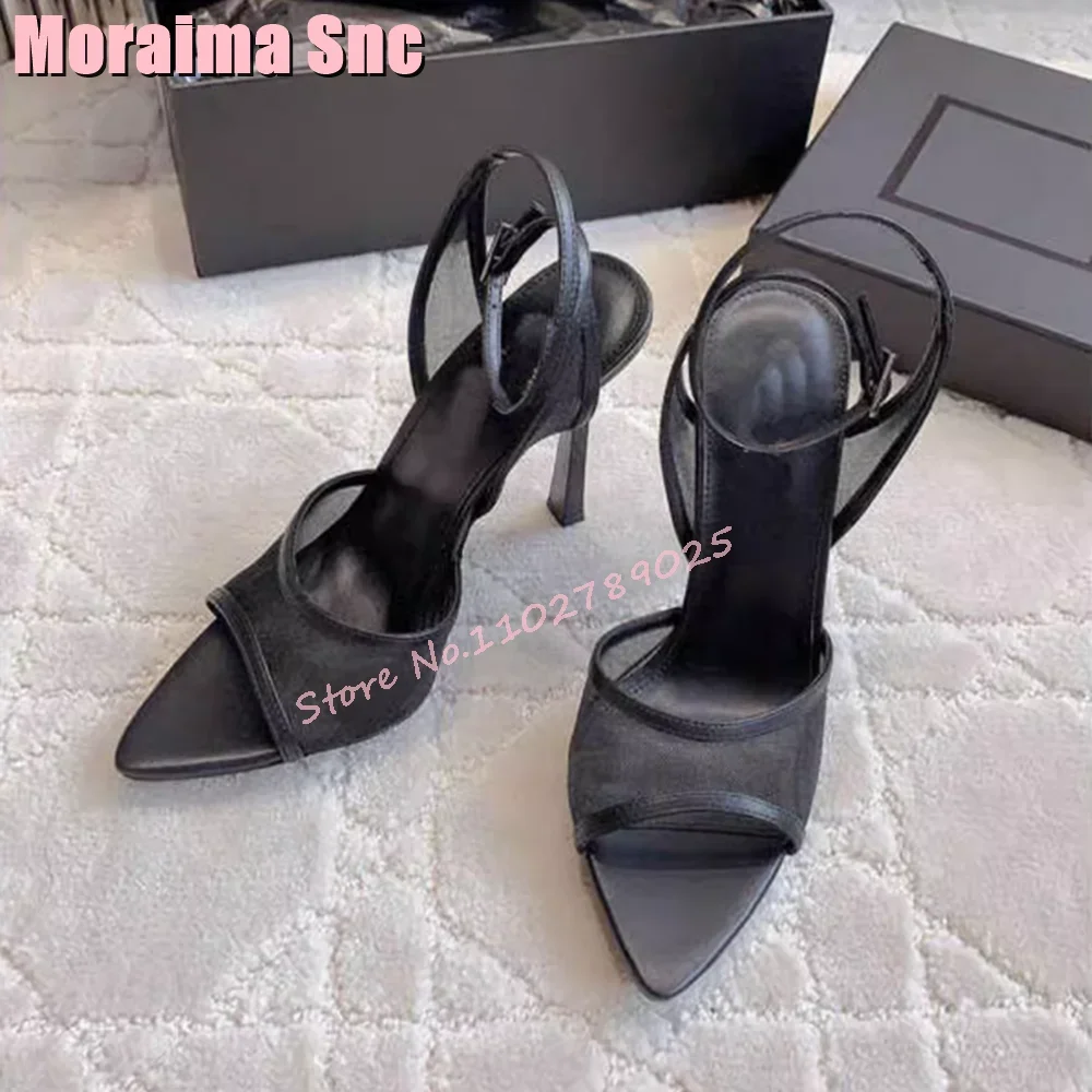 2026 موضة جديدة شبكة براءات الصنادل الجلدية أشار المفتوحة تو الكاحل مشبك أسود مثير النساء فستان أحذية الصيف مأدبة الطرف #4