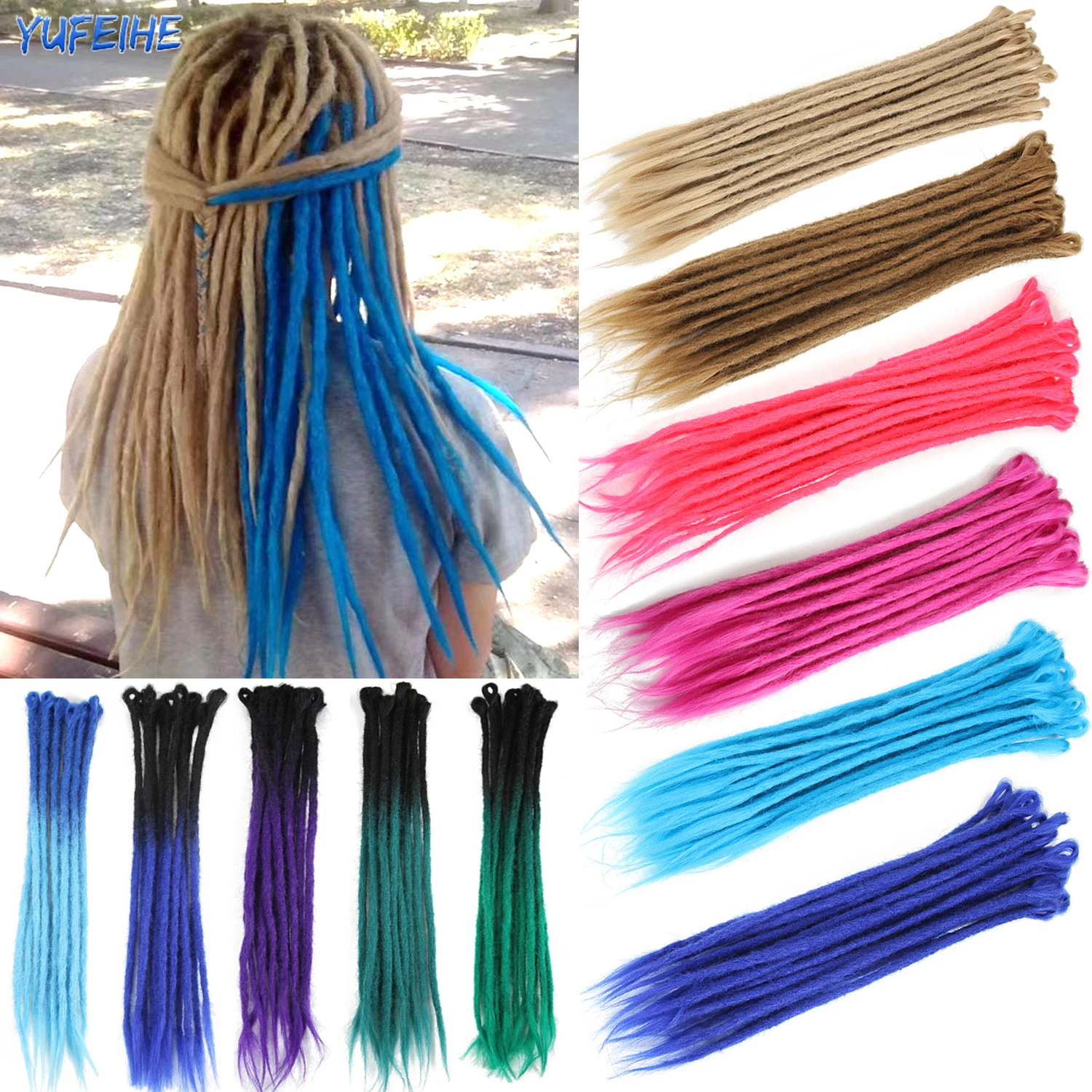 Synthetic 100% Handmade Dreadlocks Extensions Faux Locs Crochet Braid Hair Hip-Hop Style 20 Inch 10 Strands/Pack For Women Blue