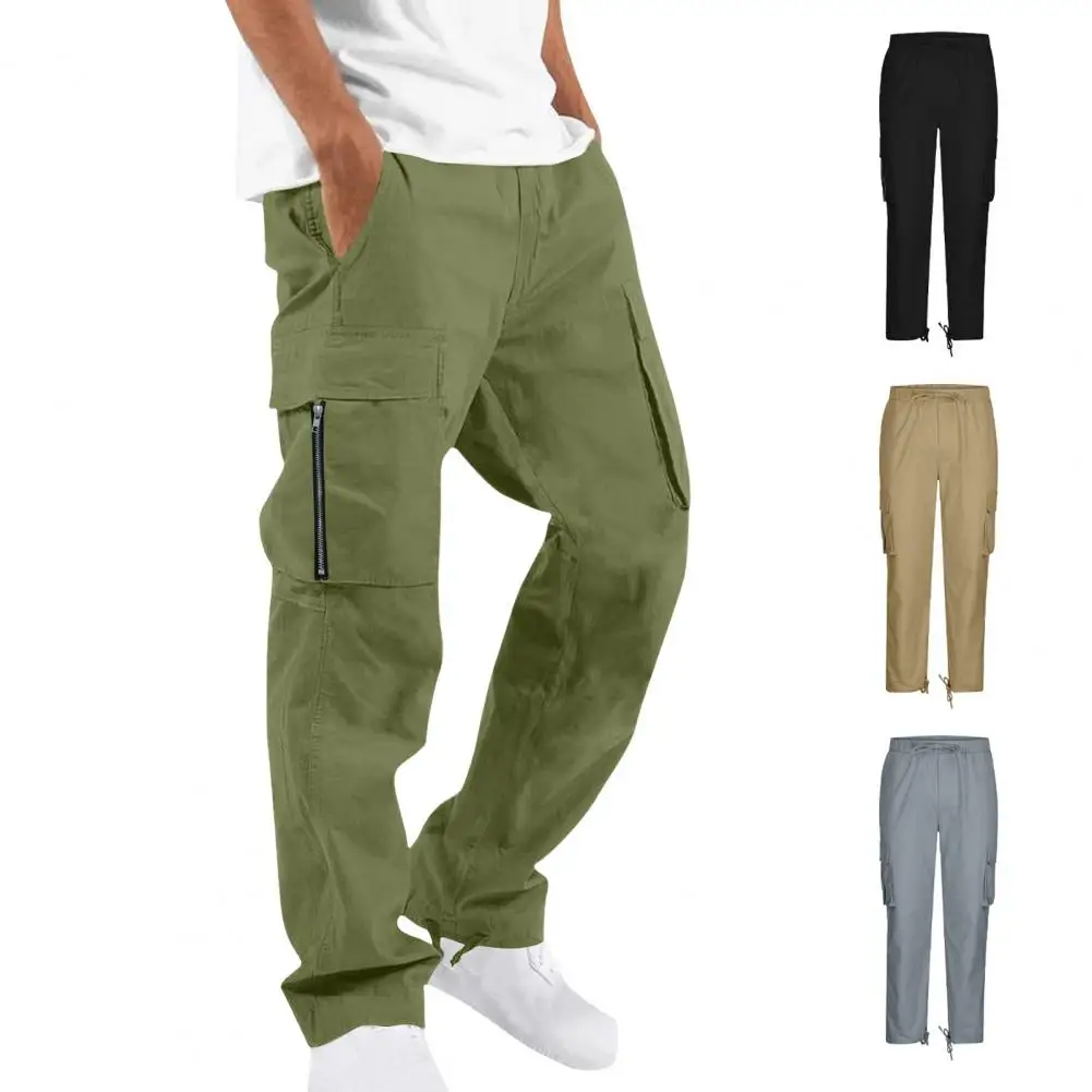 Men Cargo Pants Loose Wide Leg Wear resistant Elastic Waist Loose Thin Zippered Multi Pockets Sport Daily Work Trousers