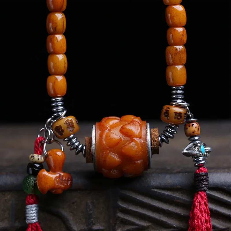 Yak barrel clavicle chain, camel bone three-way bead, Amulet of the Unformidable Buddha, copper vajra scepter accessor