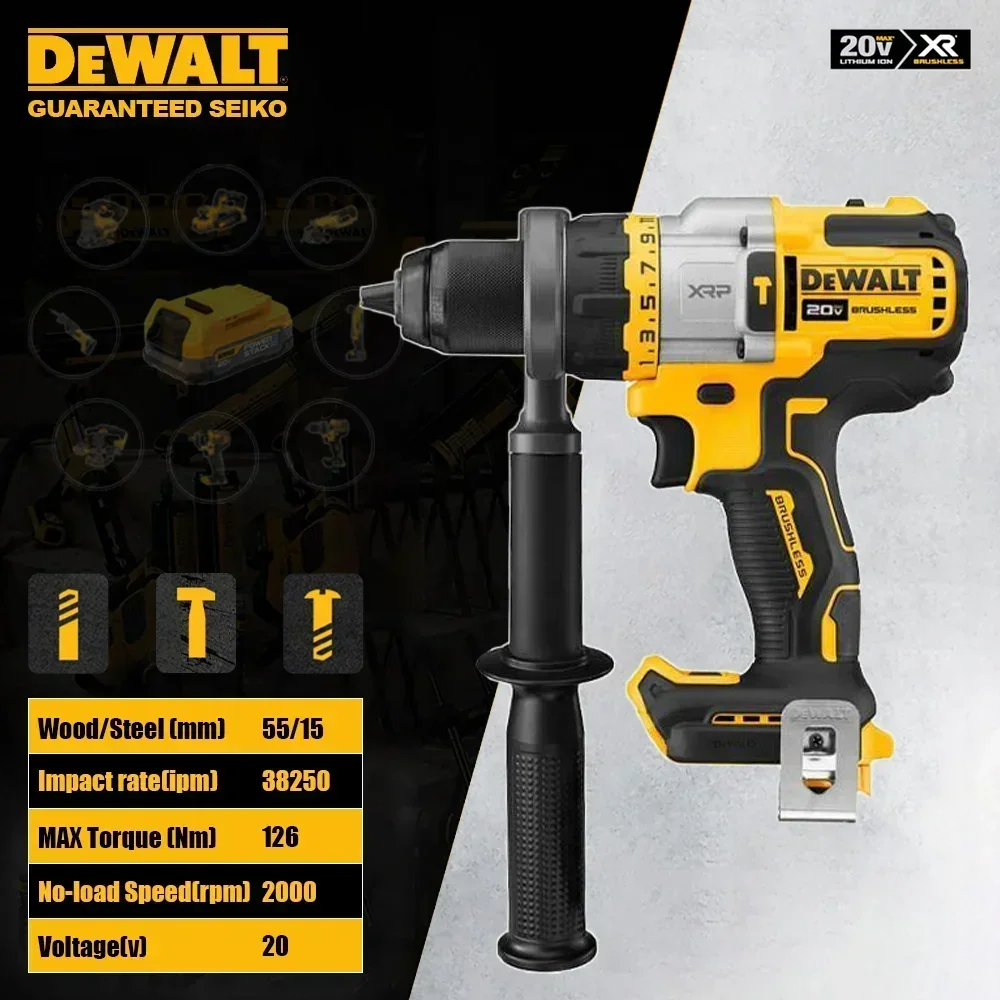 

Dewalt Heavy Duty DCD999 Cordless Impact Drill Brushless 2000rpm 126Nm 38250bpm 3 Speed Adjustable LED Universal 20v&18v Battery