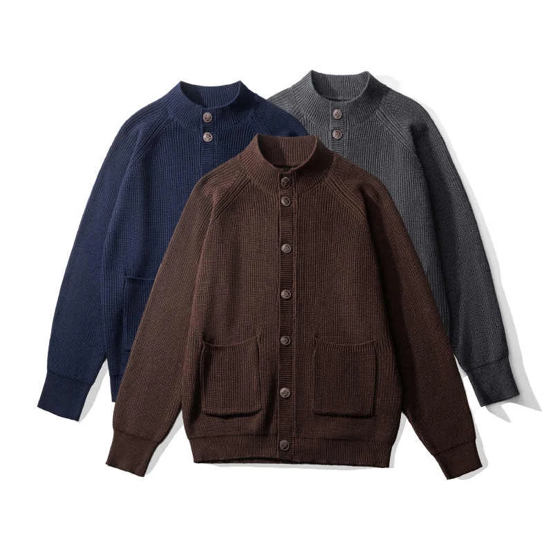 日本のレトロなKAPITALラグランスリーブメンズウールセーター厚手スタックカラーカーディガンニットウェアコートプルオーバー