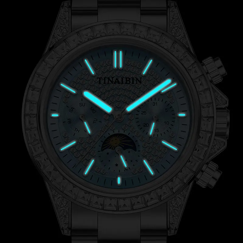 2025 جديد TINAIBIN الماس الجليد الأزرق جودة عالية رجل الساعات التلقائية الميكانيكية القمر توربيون ساعات المعصم #4