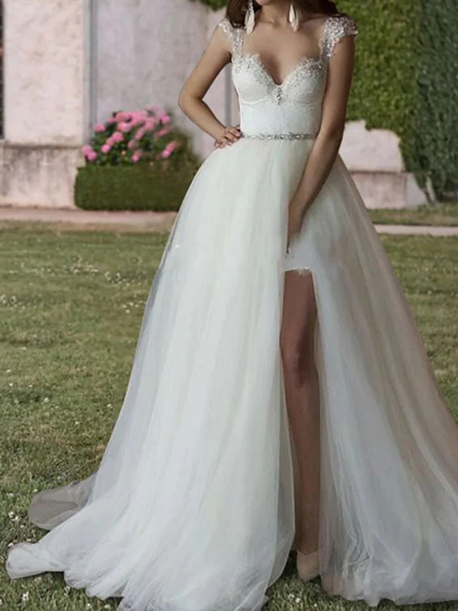 2 قطعة غمد/عمود فساتين الزفاف الخامس الرقبة الاجتياح فرشاة ذيل انفصال الدانتيل تول رومانسية الزنانير أشرطة الديكور يزين