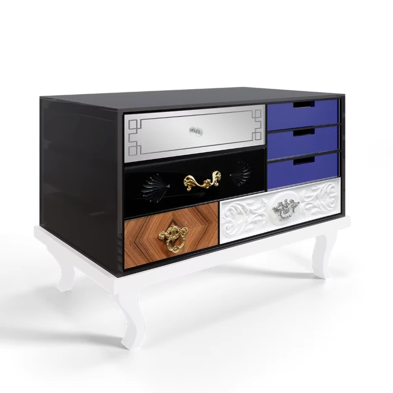 Modern luxury seven-drawer bedside table with mirror and glass finish