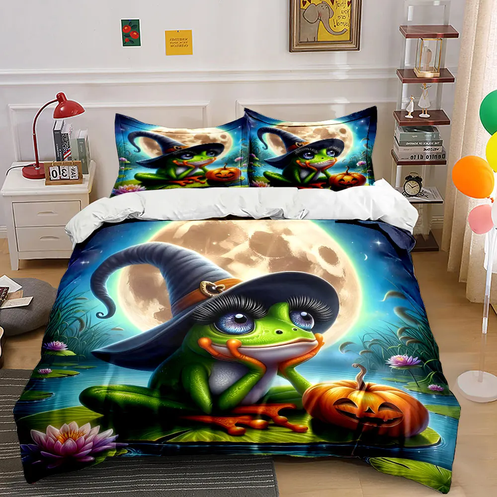 Frog with Witch Hat and Pumpkin Print Bedding Set 1 Duvet Cover 2 Pillowcases for Adult and Children Luxury Gift Full Size