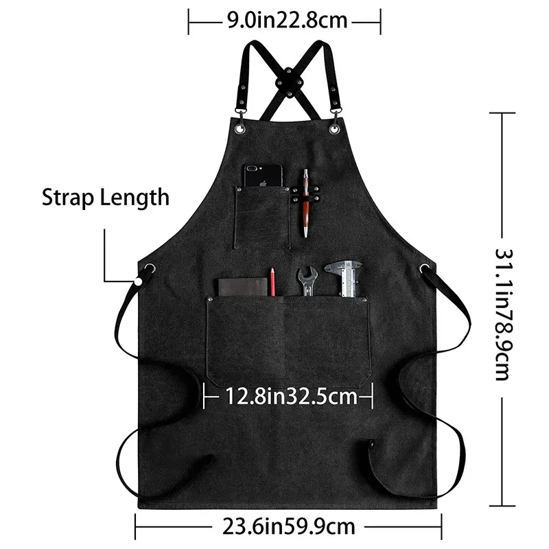 Thick Canvas Barber Apron Adjustable Cross Strap Pocket Multi-Purpose Waterproof Apron For Milk Tea Bakery Catering