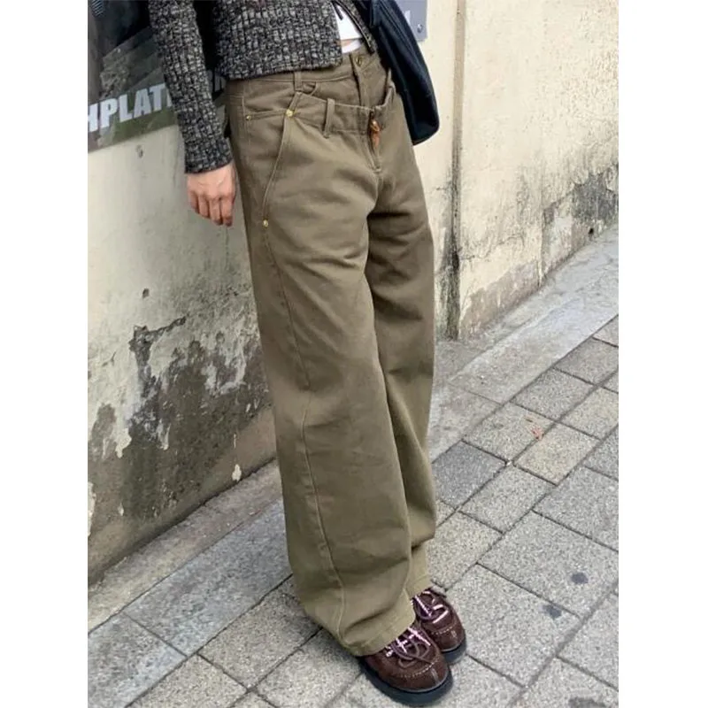 Khaki Womens Jeans High Waist Vintage Straight Winter Y2K Classic Denim Pants Streetwear American Wide Leg Baggy Denim Trouser