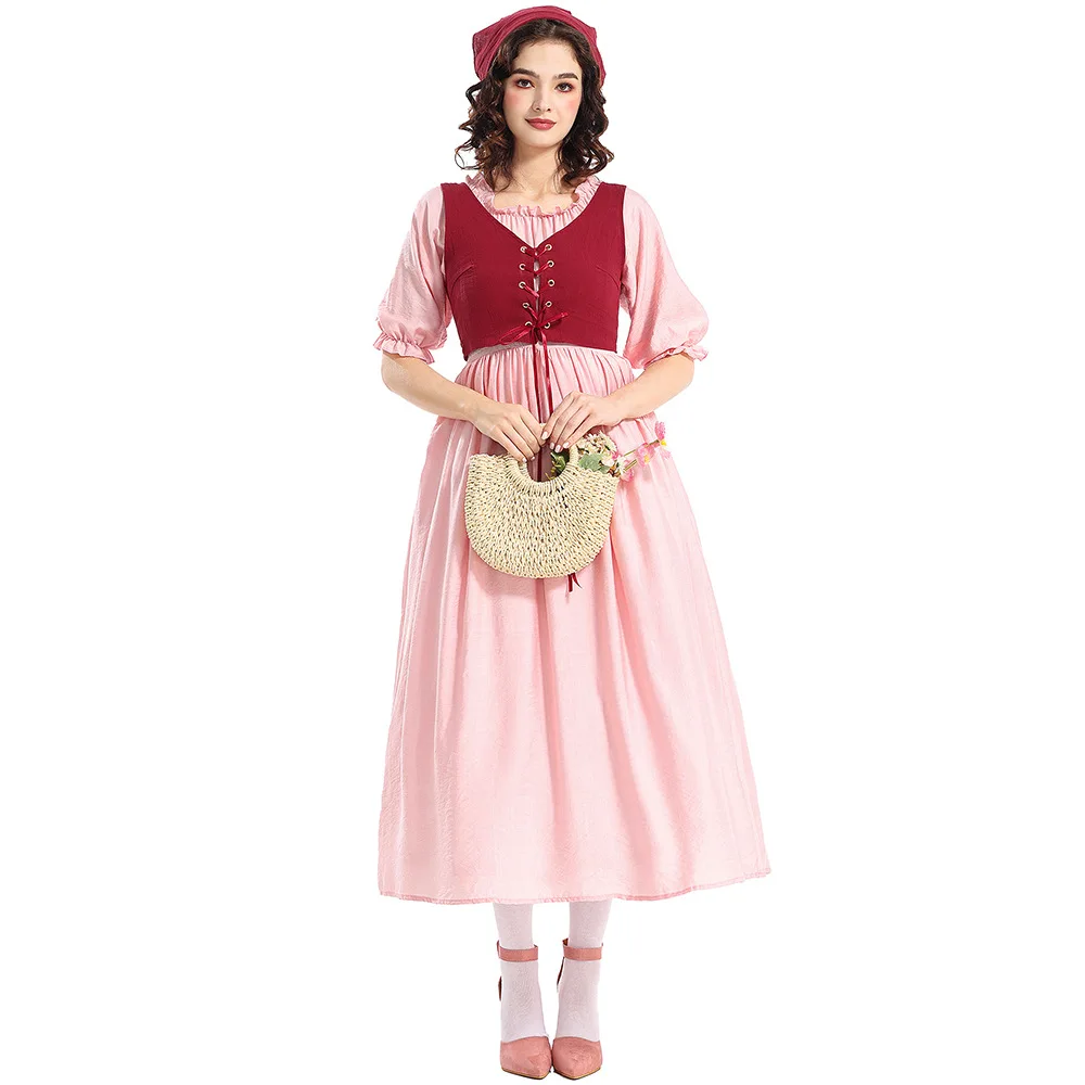 Rosa Retro-Halloween-Kostümkleid mit mittellangen Ärmeln, Renaissance-viktorianische mittelalterliche Kleidung für Partys und Themenveranstaltungen