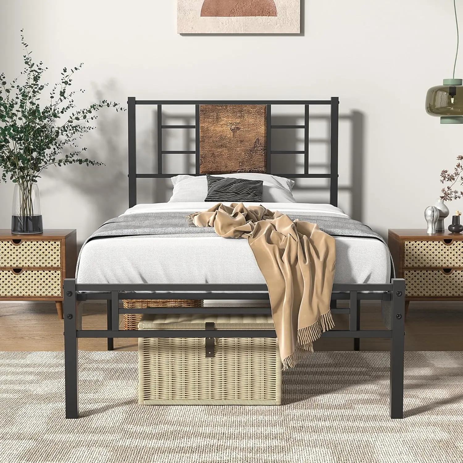 

Twin Size Bed Frame With Headboard, Heavy-Duty Platform With Metal Slats Support, No Box Spring Needed/Easy Assembly, Black