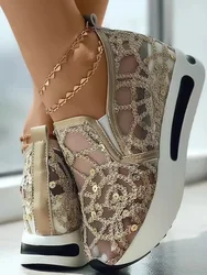 Zapatillas de deporte de malla con bordado Floral para mujer, zapatos de tacón cómodos informales, sin cordones