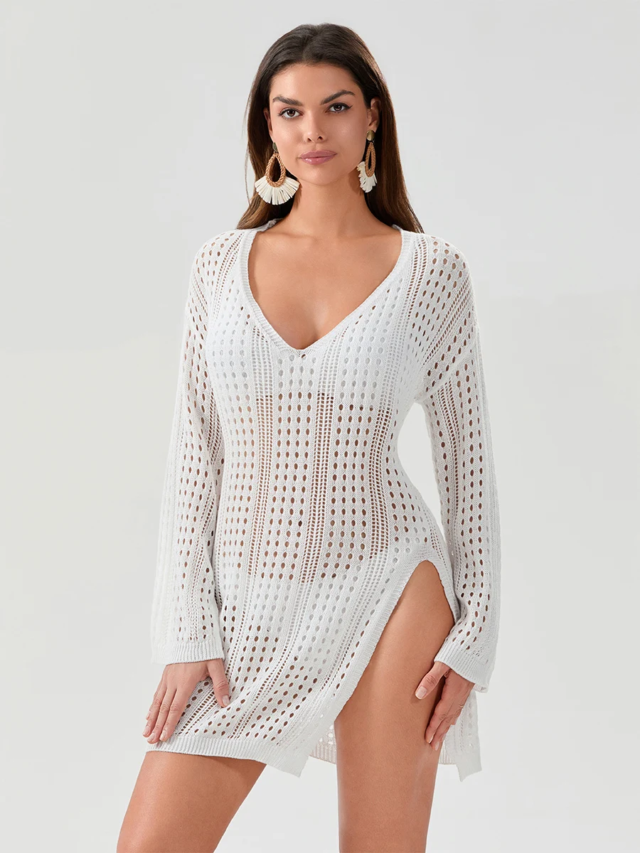 Robe de plage à manches longues pour femmes, cover-up pour bikini, document solide, transparent, creux