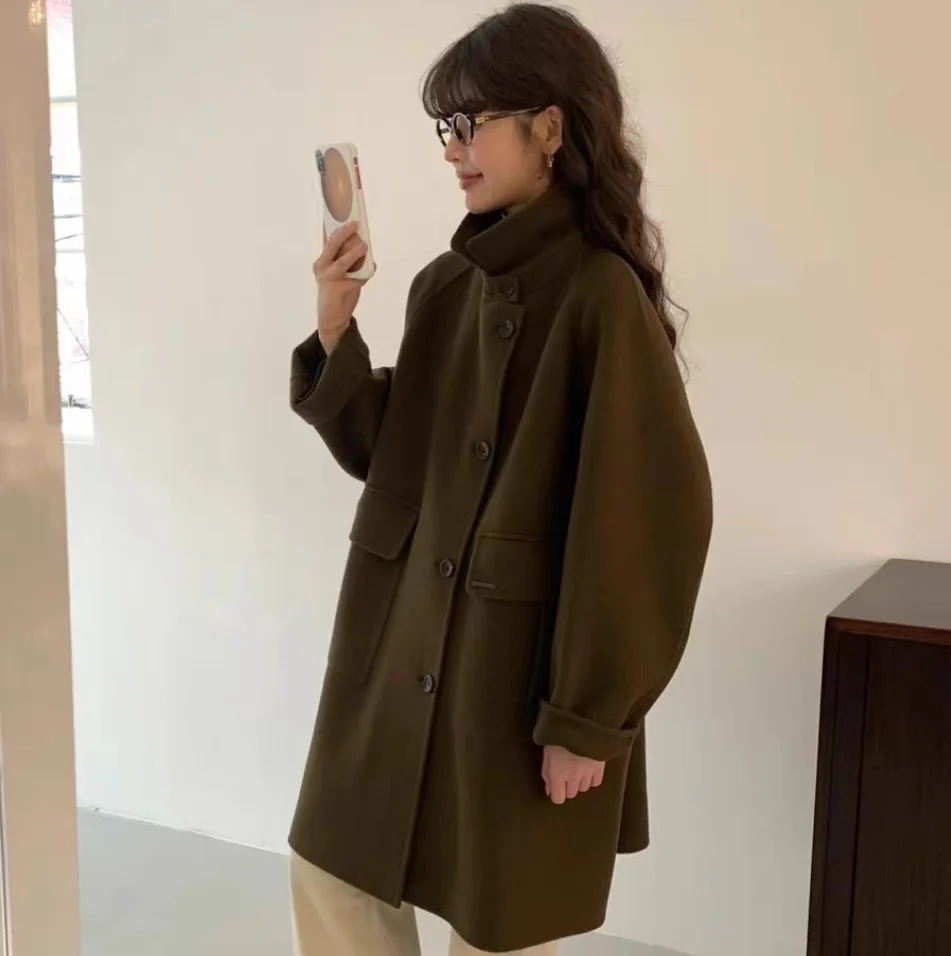 

High Quali Pure Color Detachable Woolen Coat Loose Slimming Outerwear Egg2025 Winter Faionable Ladies' Commute Sle