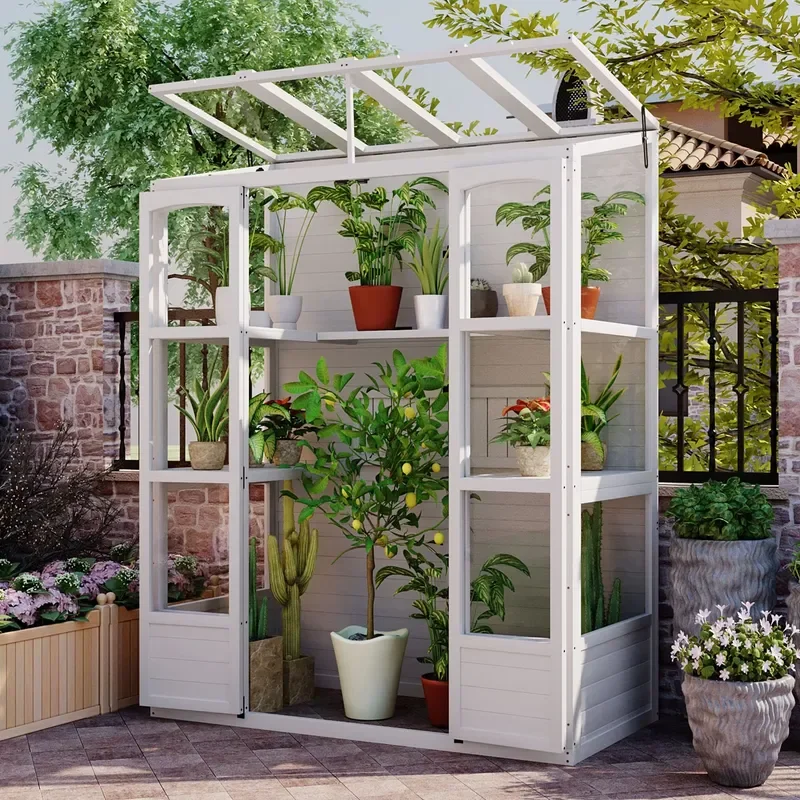 78-Inch Walk-In Wooden Greenhouse with 4 Independent Skylights and 2 Folding Middle Shelves Cold Frame for Outdoor Garden Use