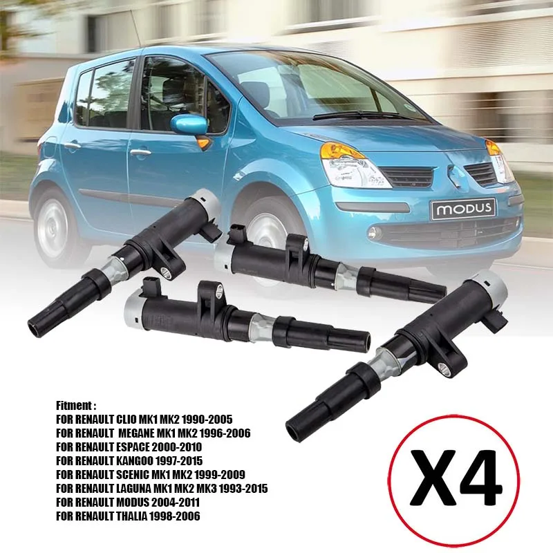 4pcs Pencil Ignition Coil Pack 7700107177 Fit for RENAULT CLIO SCENIC ESPACE LAGUNA MEGANE 1.4 1.6 1.8 2.0