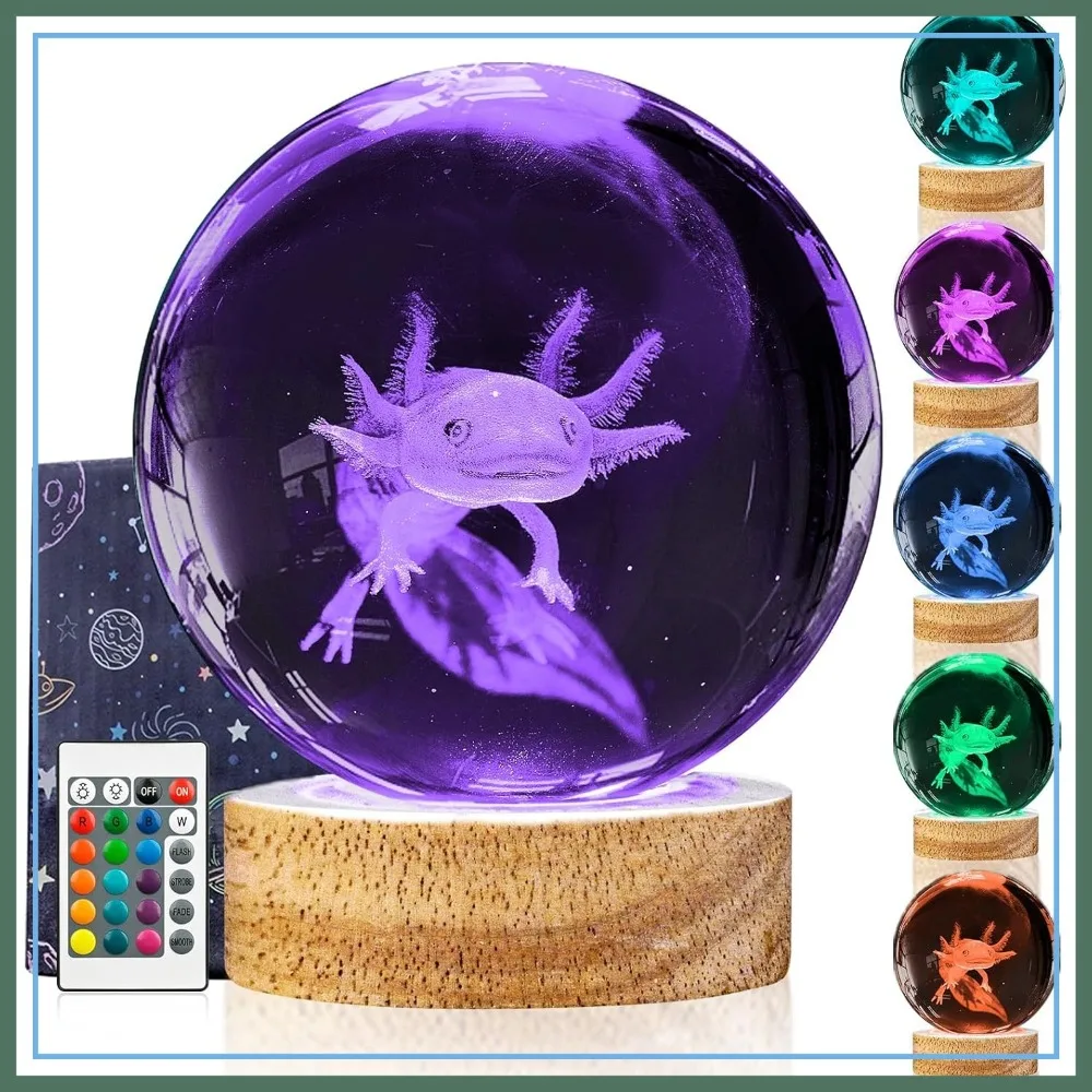 

3D Axolotl Crystal Ball Night Light with LED Wooden Base, 3.15 Inch Glass Ball, 16 Colors & Remote, Birthday Christmas Gift for Teens