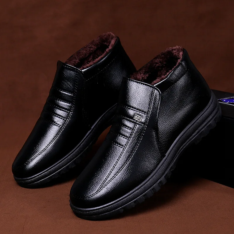 Chaussures en cuir décontractées imperméables pour hommes, chaussures montantes à enfiler au glouton, chaussures de travail chaudes, grande taille,