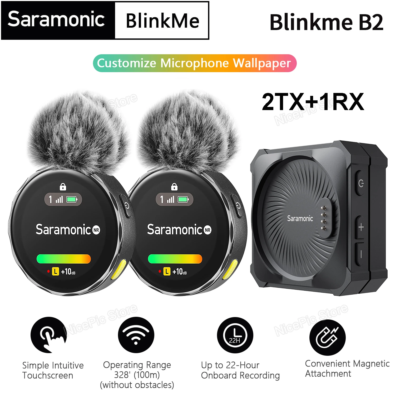 

Беспроводная микрофонная система Saramonic BlinkMe B2 2,4g, 2 передатчика, 1 приемник, сенсорный экран для ПК, iPhone, смартфона, камеры