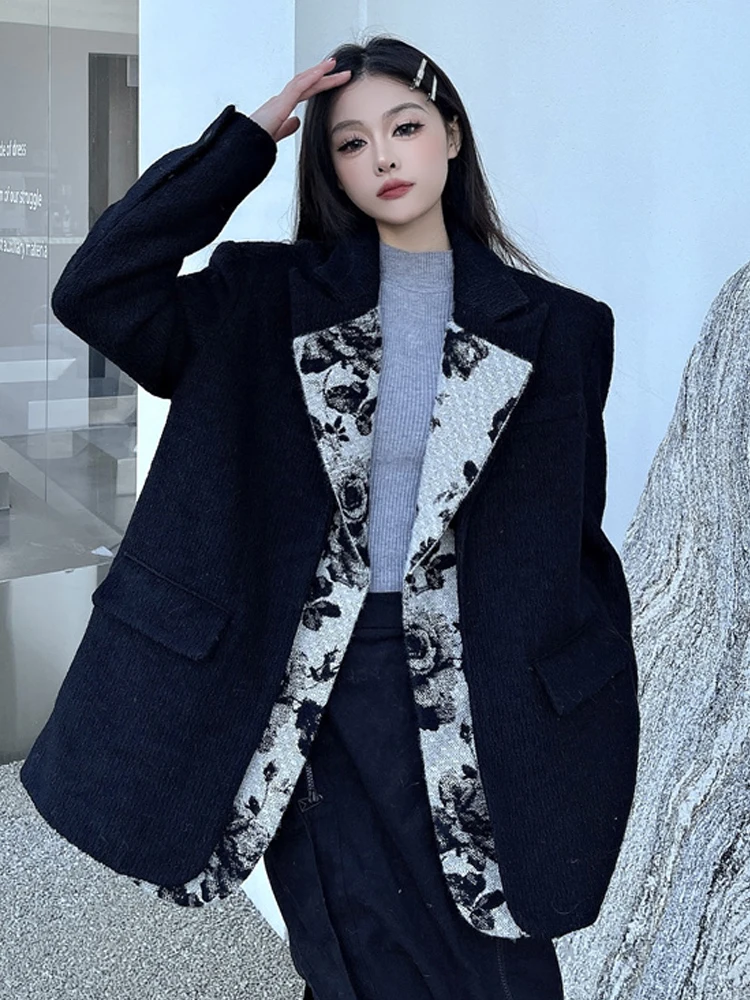 SONNEESD Streetwear Oversize Fashion Personality Design Coat Harajuku Vintage Black Splicing Fower Stereo Cutting Suit Coat