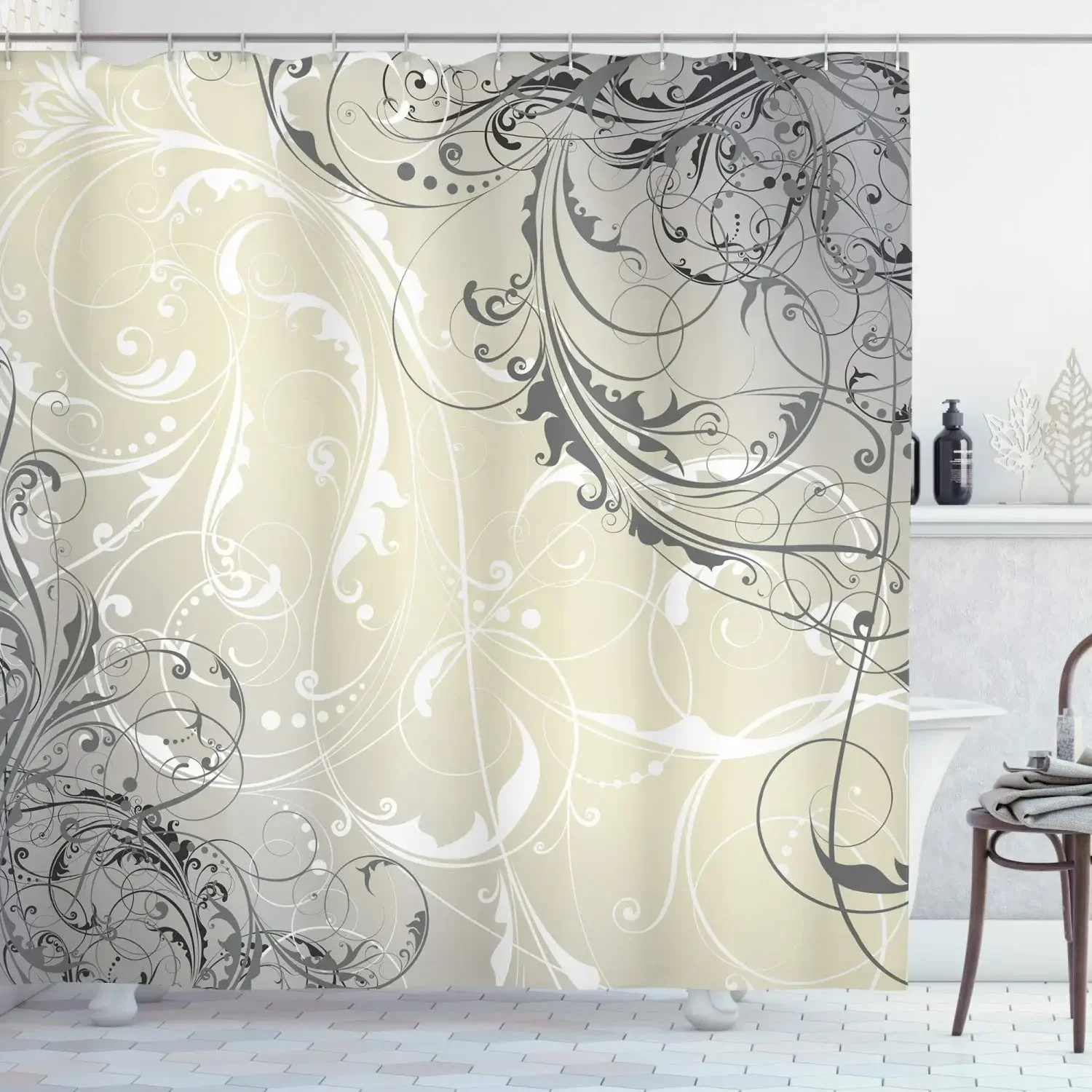 Floral Shower Curtain,Baroque Swirled Branches Curved Flower Leaves Shabby Form Nature Pattern,Fabric Bathroom Decor Set,Hooks