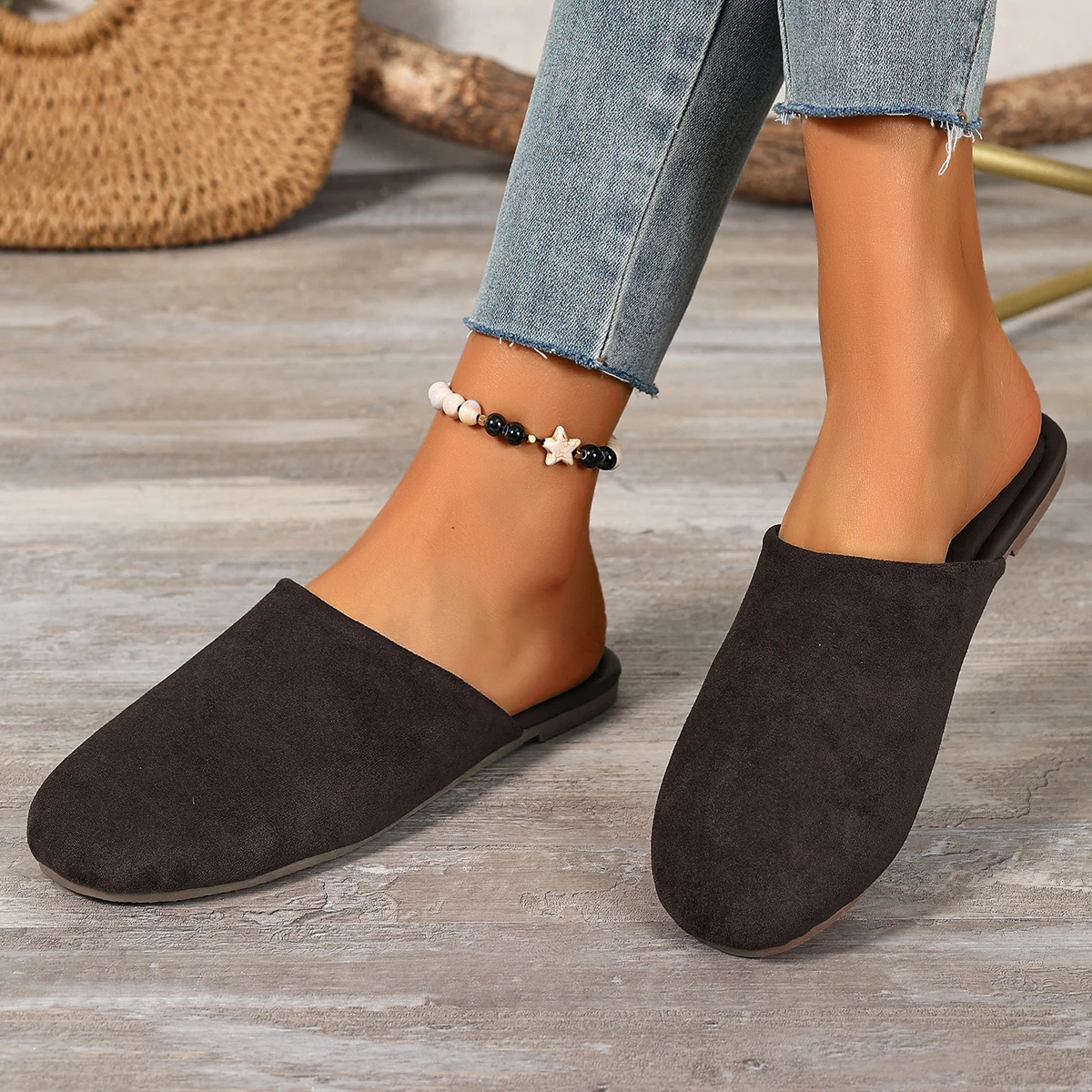 

Dark Brown Suede Slippers, Soft Slip-On Mules with Comfort Footbed, Casual Indoor House Shoes