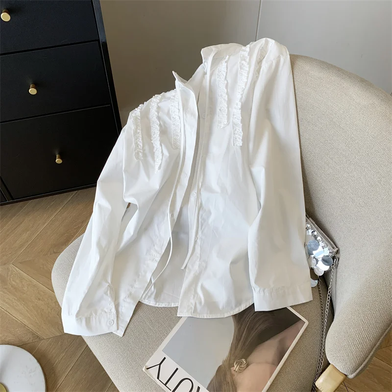 Женская белая рубашка с завязками в виде банта, кружевной дизайн Y2k, элегантная французская офисная девушка, база 2000-х годов, модная осенне-зимняя рубашка с длинными рукавами