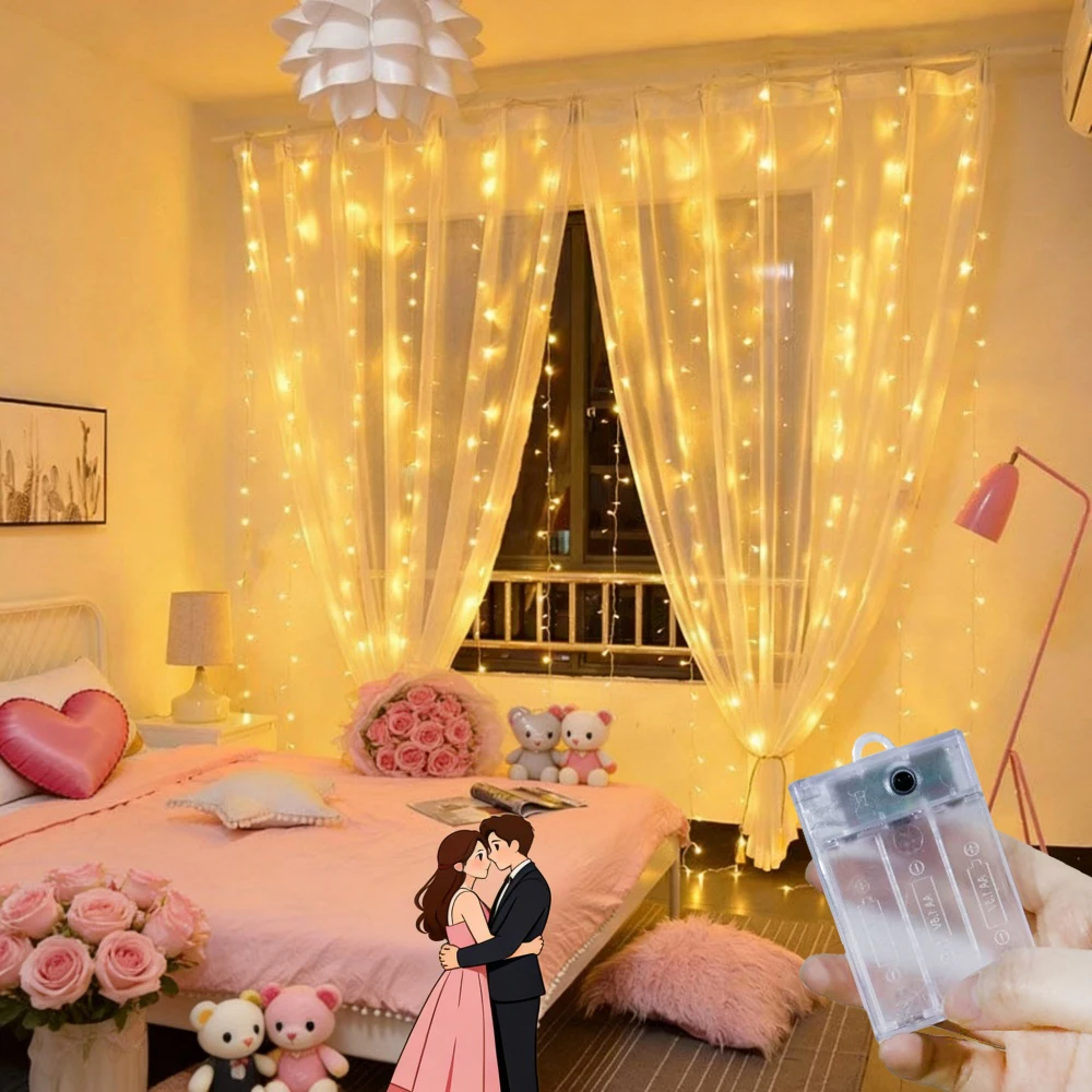 

Wedding LED Curtain Light String Battery Power Bedroom Decor Ramadan Home Decoration 2026 Valentine's Day Outdoor Lighting