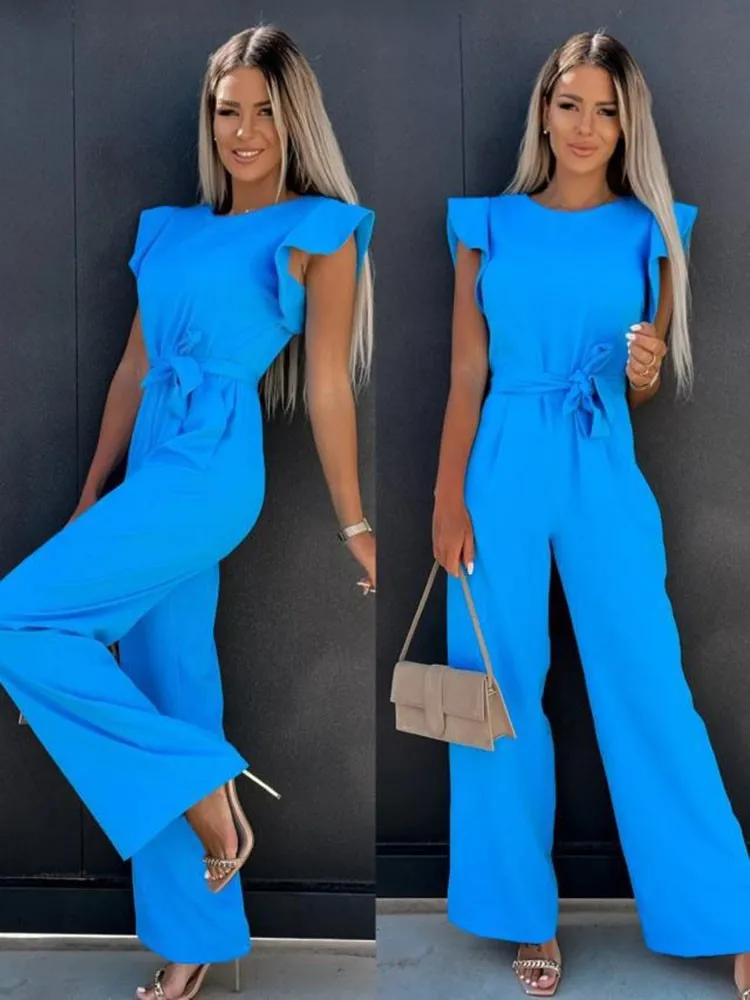 Elegant Women\'s Fashion White Butterfly Sleeve Jumpsuit Solid Casual O-neck Belts Wide Leg Playsuit Summer Office Lady Jumpsuits